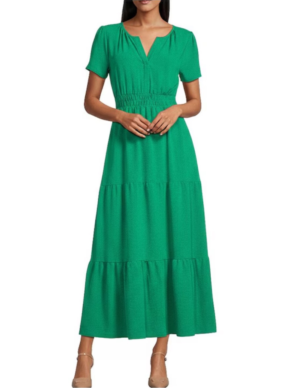 [Never Worn] Leslie Fay Spilt V-Neck Short Sleeve Tiered Skirt Maxi Dress
